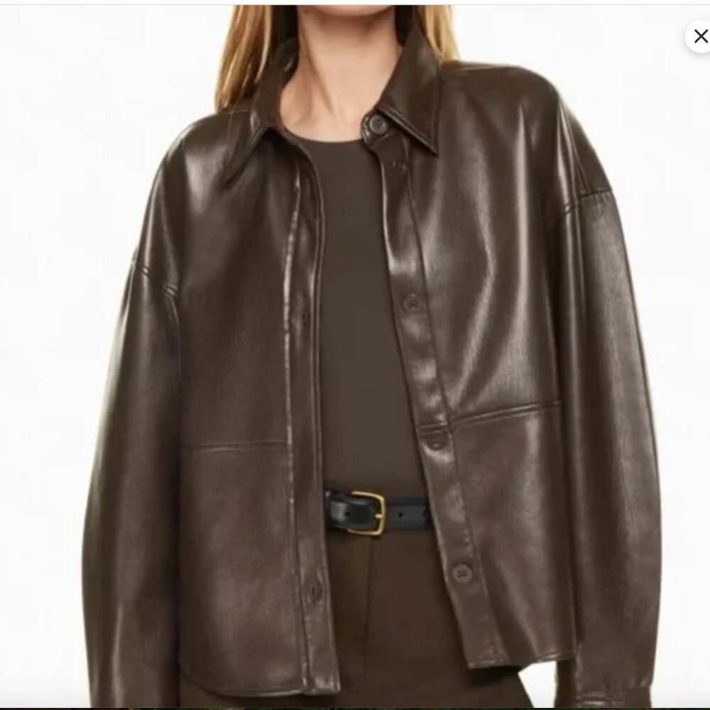 Aritzia Babaton Dark Brown Faux Leather Shirt Jacket Size Small LIKE NEW - Picture 3 of 7
